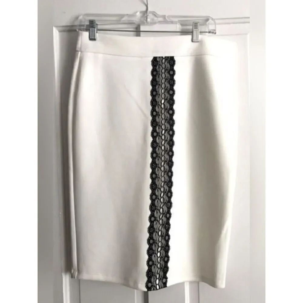 Soho Apparel White Pencil Skirt with Black Lace Center Panel